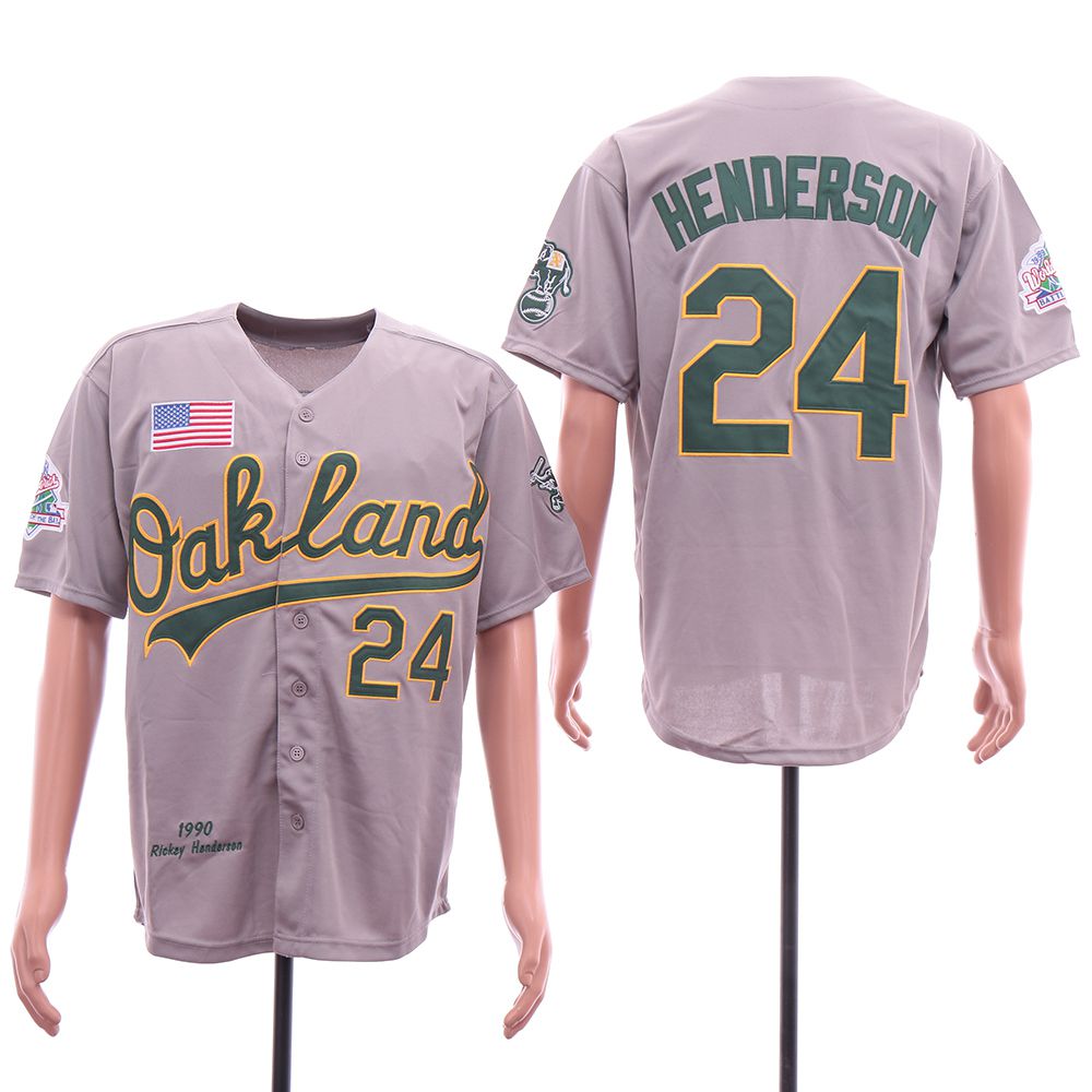 Men Oakland Athletics 24 Henderson Grey Throwback 1990 MLB Jerseys